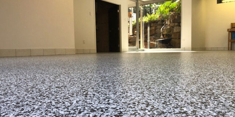 a completed epoxy floor with flakes