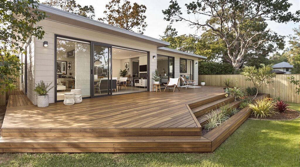 a wooden deck around a home in Australia