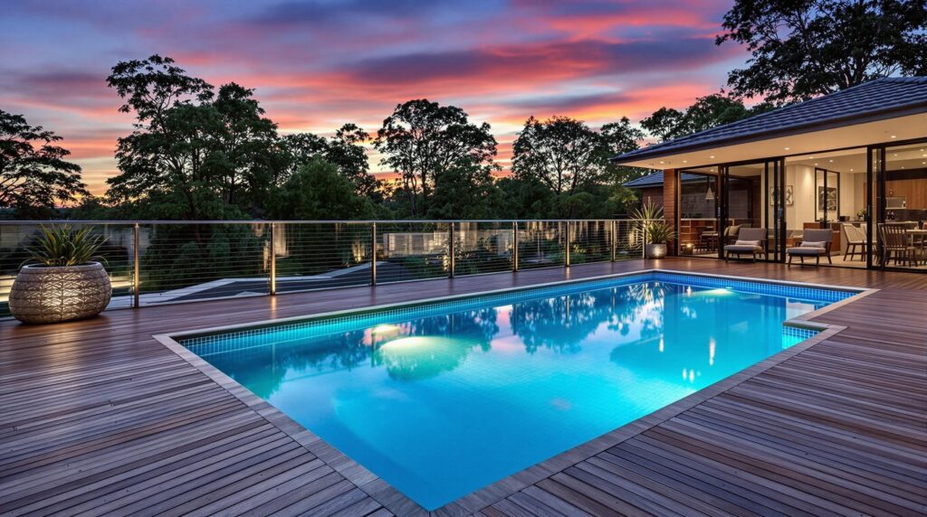 A timber deck surrounding a swimming pool in Australia at dusk