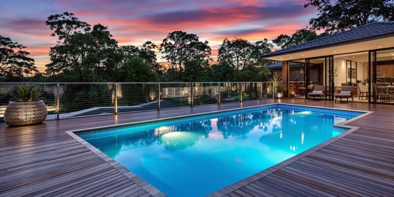 A timber deck surrounding a swimming pool in Australia at dusk